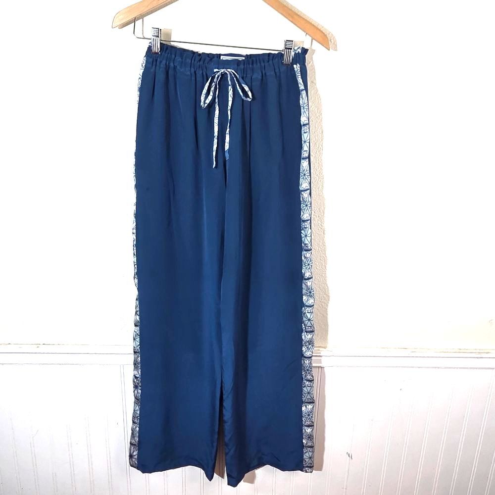 Pink House Silk Pants Womens M Blue Wide Leg Drawstring UK Made Size Medium